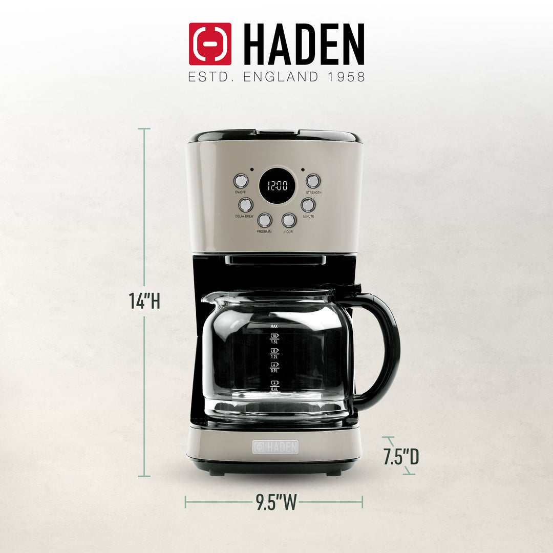 Haden Coffee Machine, 12 Cup Programmable Drip Coffee Maker, Putty & Chrome