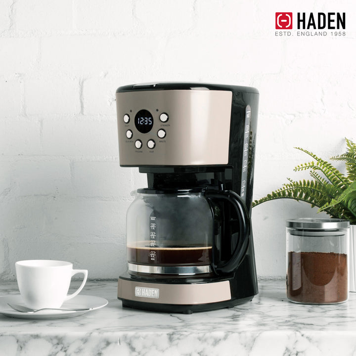 Haden Coffee Machine, 12 Cup Programmable Drip Coffee Maker, Putty & Chrome