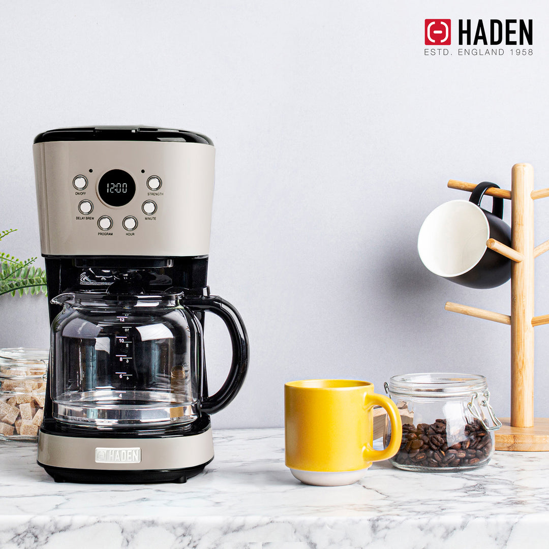 Haden Coffee Machine, 12 Cup Programmable Drip Coffee Maker, Putty & Chrome