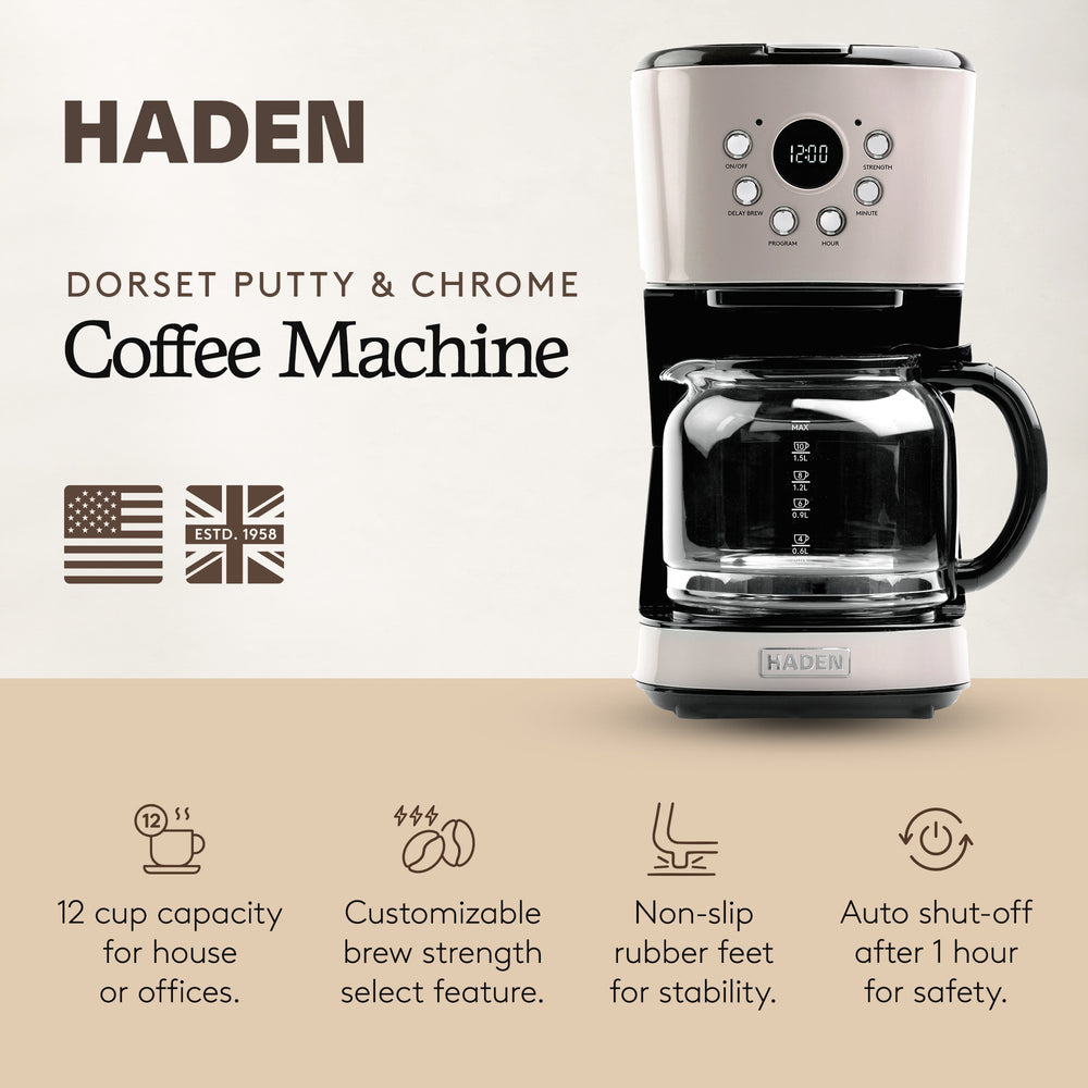 Haden Retro Style 12 Cup Home Coffee Maker Machine w/ Carafe, Putty (Open Box) - VMInnovations