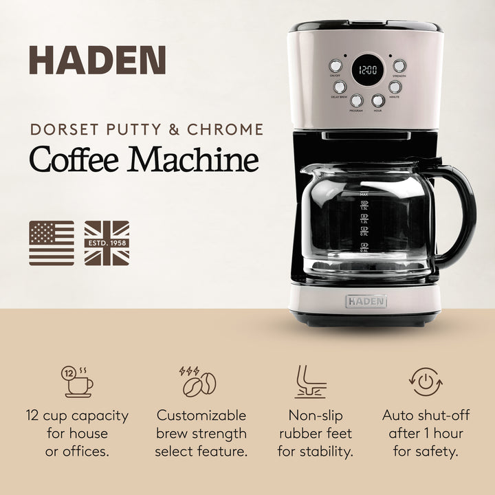 Haden Coffee Machine 12 Cup Programmable Drip CoffeeMaker Putty/Chrome(Open Box)