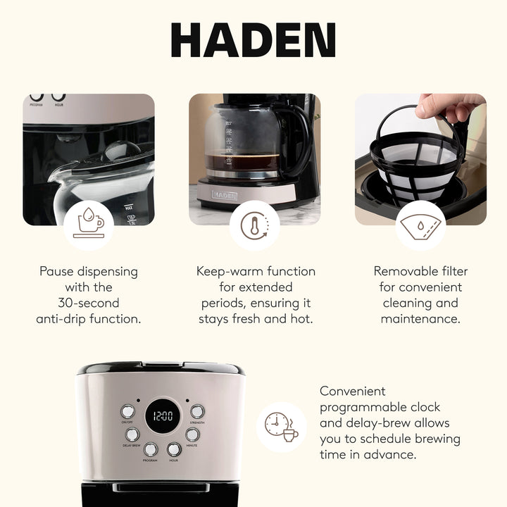 Haden Coffee Machine, 12 Cup Programmable Drip Coffee Maker, Putty/Chrome(Used)