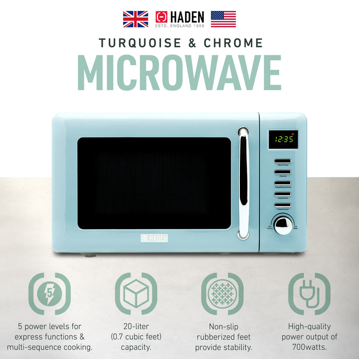 Haden 0.7 Cu Ft Compact Countertop Microwave, 700 Watts, Turquoise & Chrome