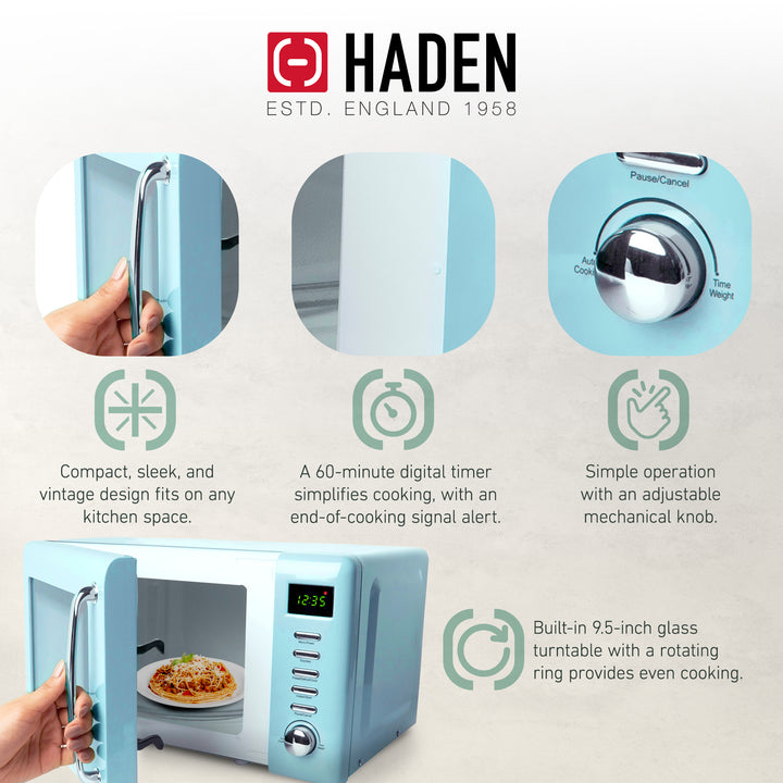 Haden 0.7 Cu Ft Compact Countertop Microwave, 700 Watts, Turquoise & Chrome