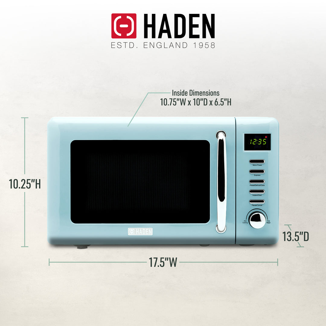 Haden 0.7 Cu Ft Compact Countertop Microwave, 700 Watts, Turquoise & Chrome