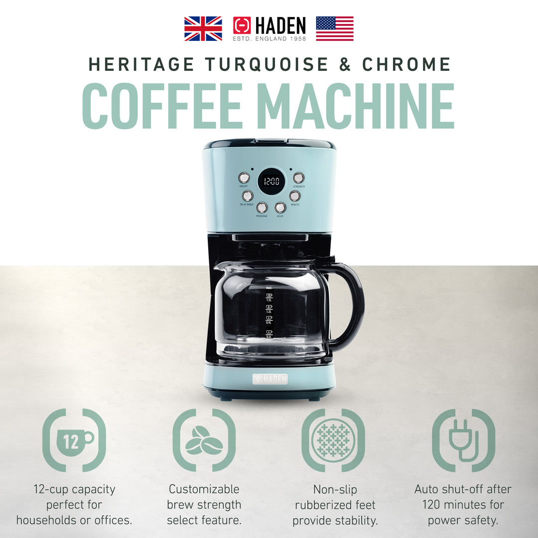 Haden Coffee Machine, 12 Cup Programmable Drip Coffee Maker, Turquoise & Chrome