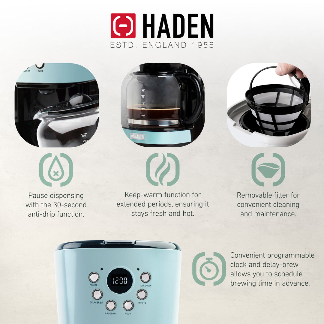 Haden Coffee Machine, 12 Cup Programmable Drip Coffee Maker, Turquoise & Chrome