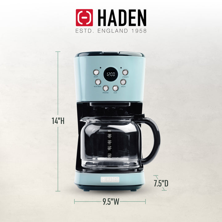 Haden Coffee Machine, 12 Cup Programmable Drip Coffee Maker, Turquoise & Chrome