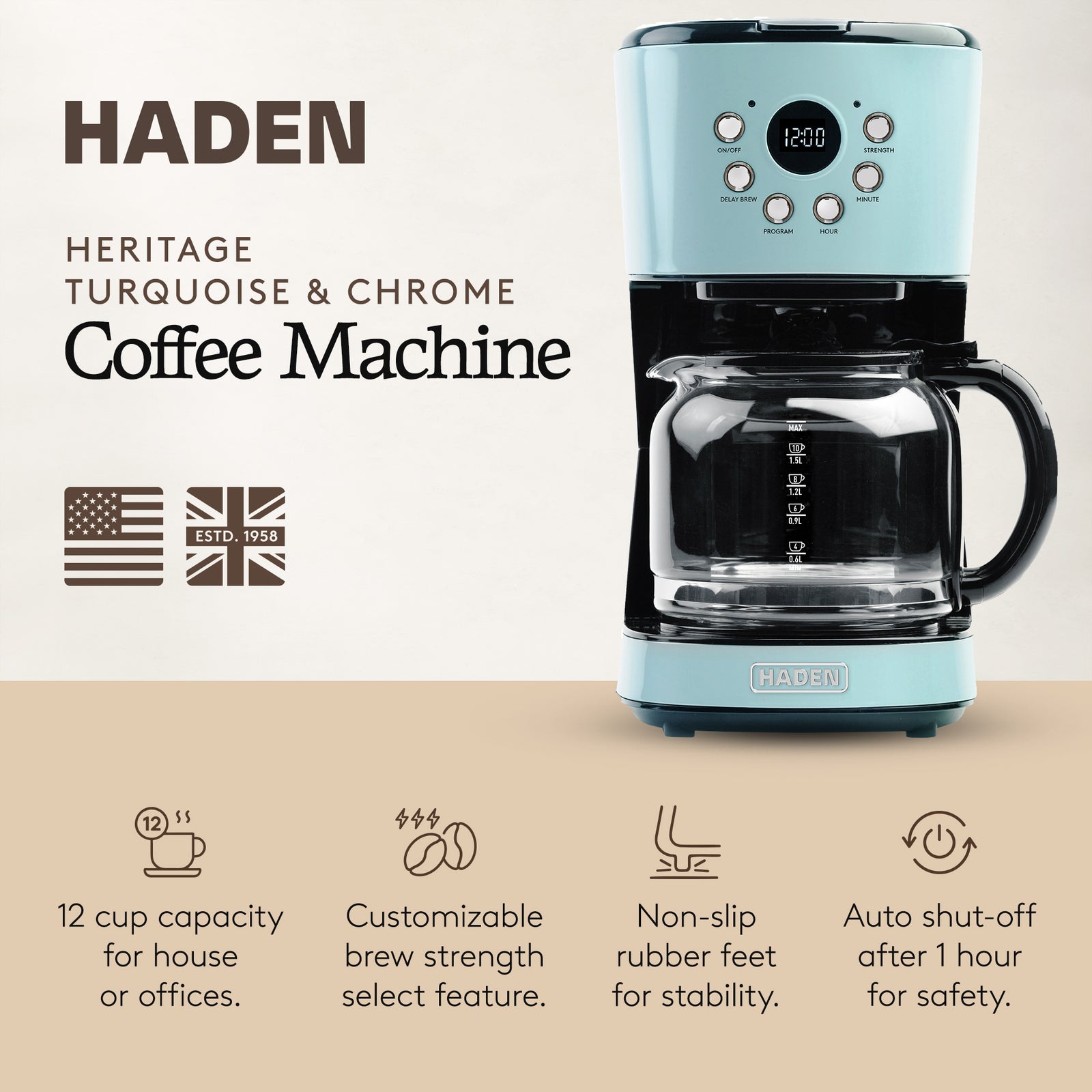 Haden Coffee Machine, 12 Cup Programmable Drip Coffee Maker, Turquoise & Chrome - VMInnovations
