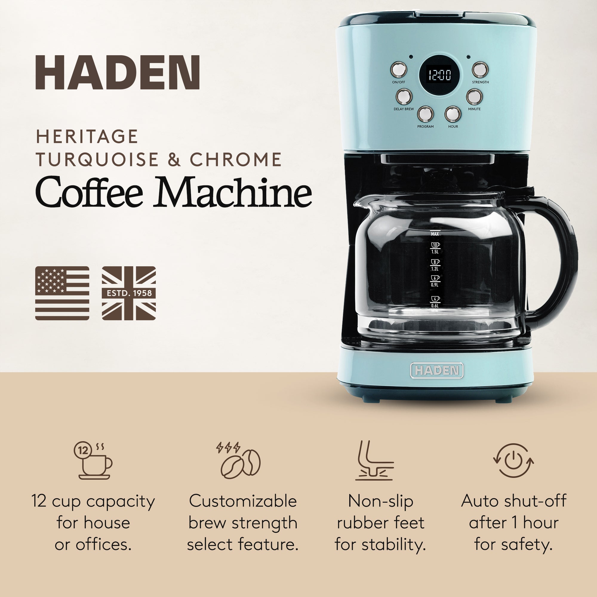 Haden Heritage Wide Toaster & Dorset Electric Kettle & Coffee Machine, Turquoise