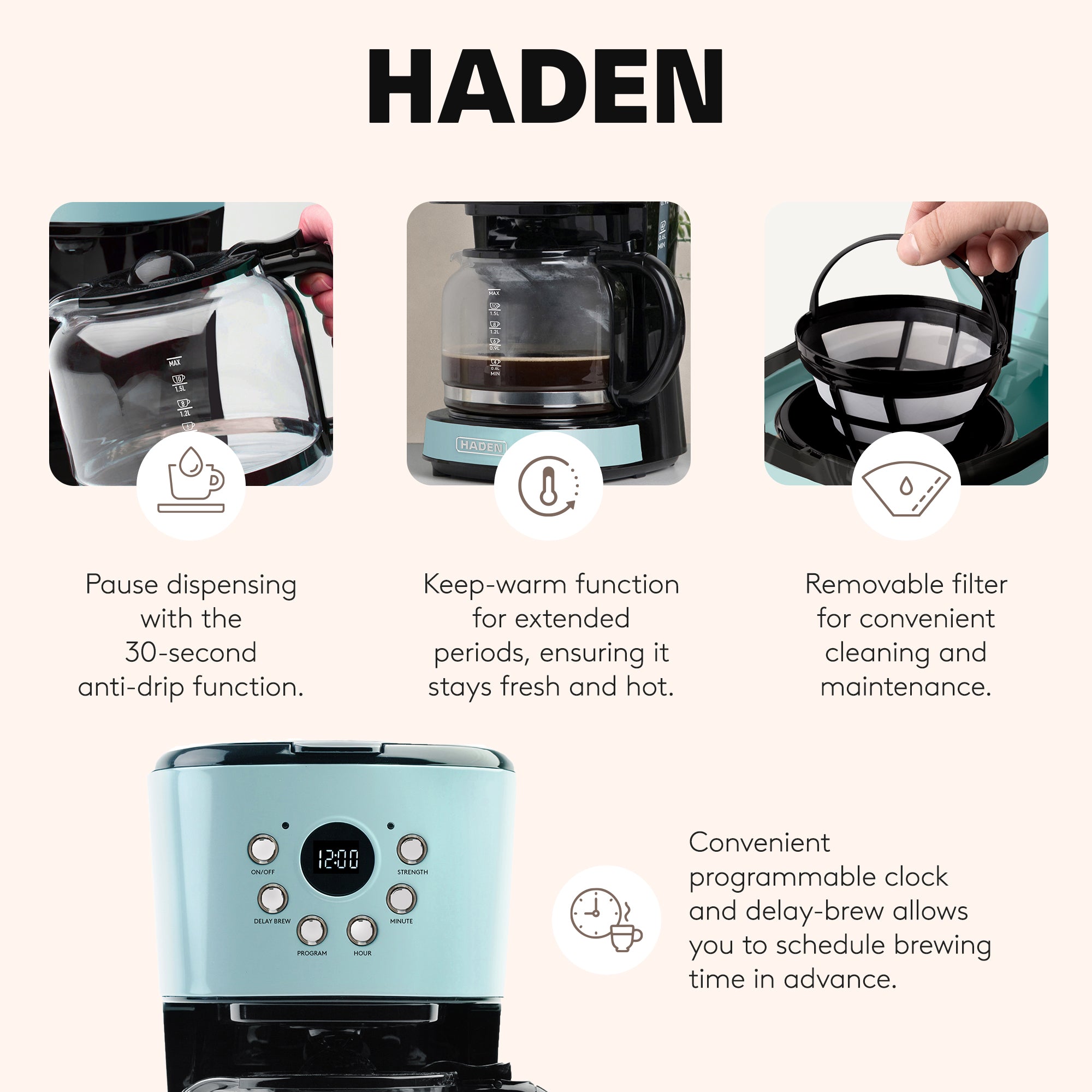Haden Heritage Wide Toaster & Dorset Electric Kettle & Coffee Machine, Turquoise