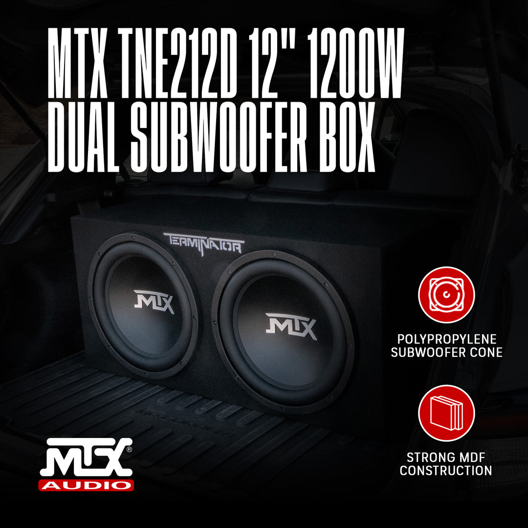 MTX TNE212D 12-Inch 1200-Watt Car Audio Dual Loaded Subwoofer Box Enclosure + Autotek 1200 Watt 1 Channel Car Audio Amplifier, Street Machine SM-1200.1, Black + NEW PYLE PLAM40 20ft 4 Ga 1600W Car Amplifier Amp Kit + Boss Audio CPBK2 2 Farad 20-Volt  Digi