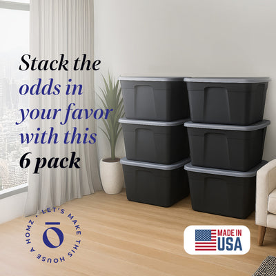 Homz 32 Gallon Durable Molded Plastic Storage Bin with Lid, Black/Gray (6 Pack) - VMInnovations