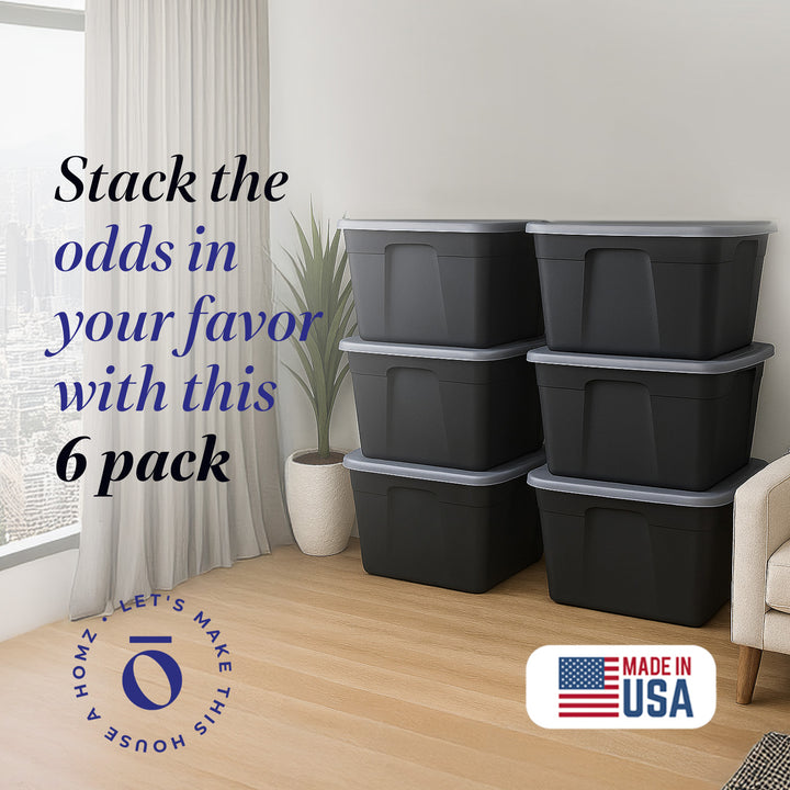 Homz 32 Gallon Durable Molded Plastic Storage Bin with Lid, Black/Gray (6 Pack)