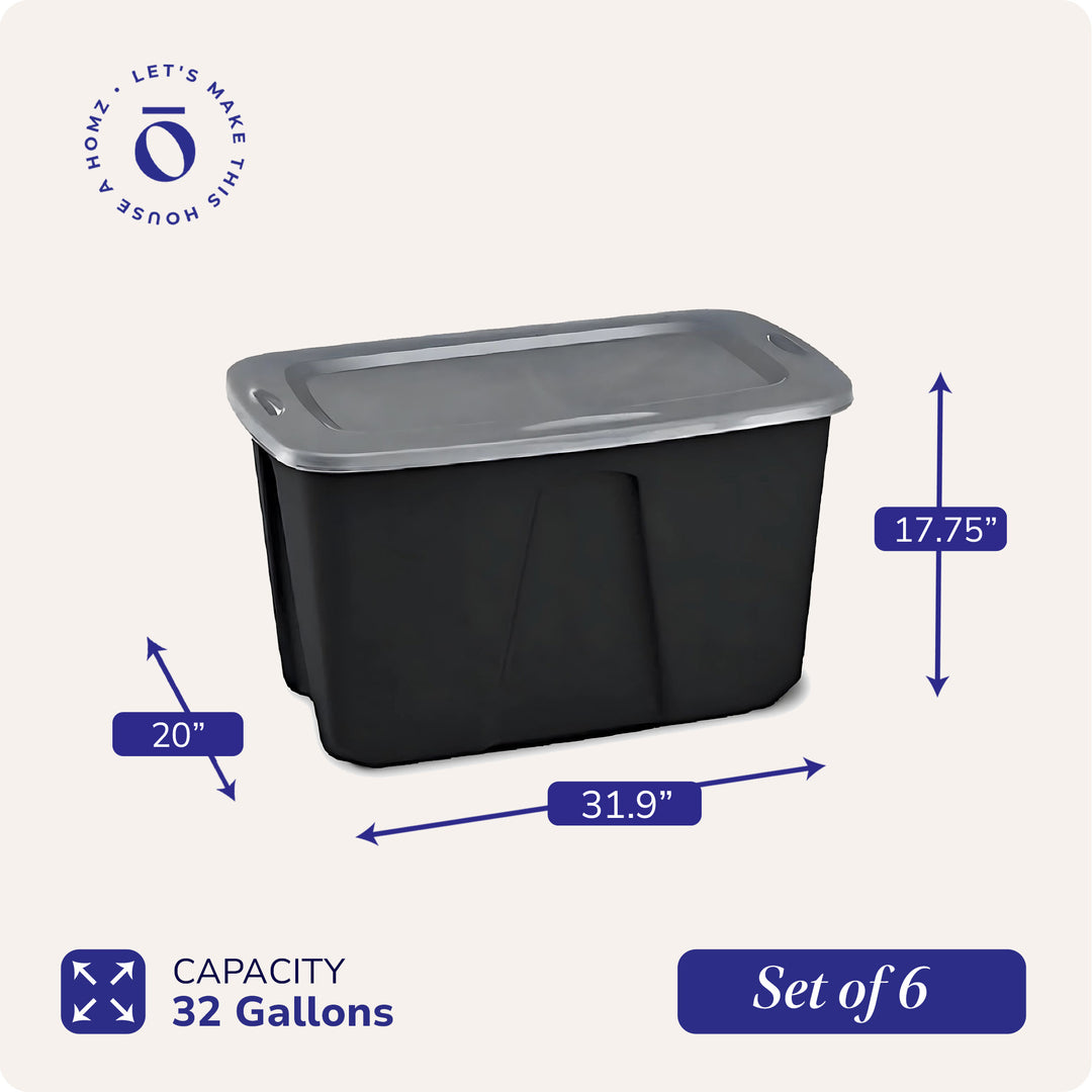 Homz 32 Gallon Durable Molded Plastic Storage Bin with Lid, Black/Gray (6 Pack)