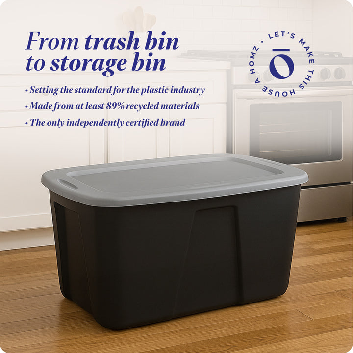 Homz 32 Gallon Durable Molded Plastic Storage Bin with Lid, Black/Gray (6 Pack)
