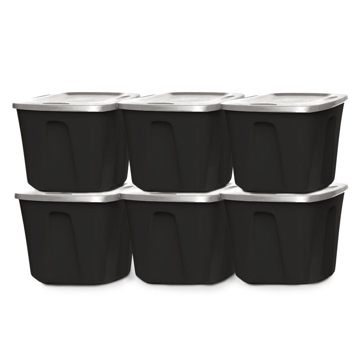 Homz 32 Gallon Durable Molded Plastic Storage Bin with Lid, Black/Gray (6 Pack)