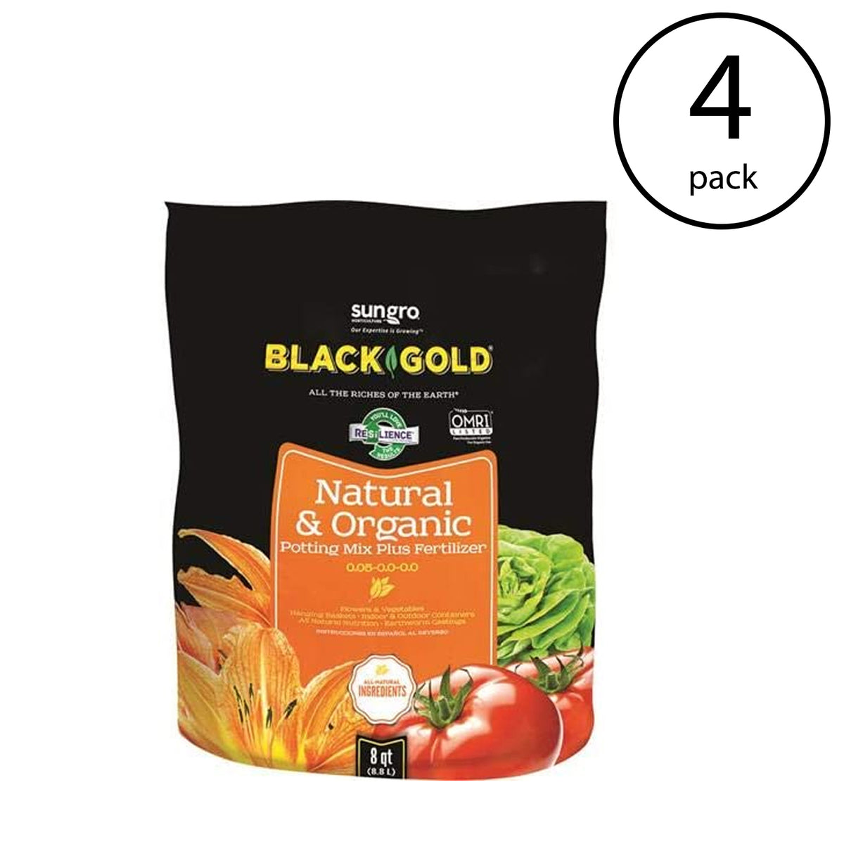 SunGro Black Gold Natural Potting Soil Fertilizer Mix, 8 Quart Bag (4 Pack)