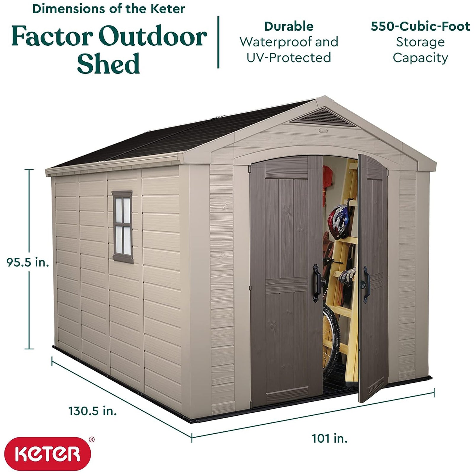 Keter 211203 Factor 8 x 11 All Weather Resistant Outdoor Storage Shed, Taupe - VMInnovations