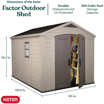Keter Factor 8 x 11 All Weather Resistant Outdoor Storage Shed, Taupe (Used)