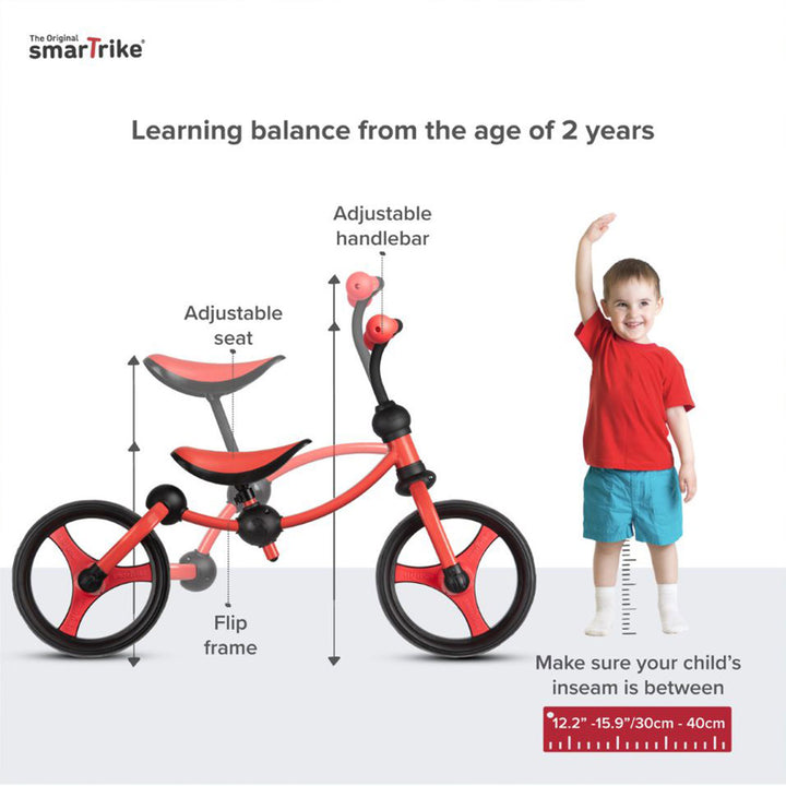 smarTrike Lightweight & Adjustable Kids Running Bike 2 in 1 Balance Bike, Red