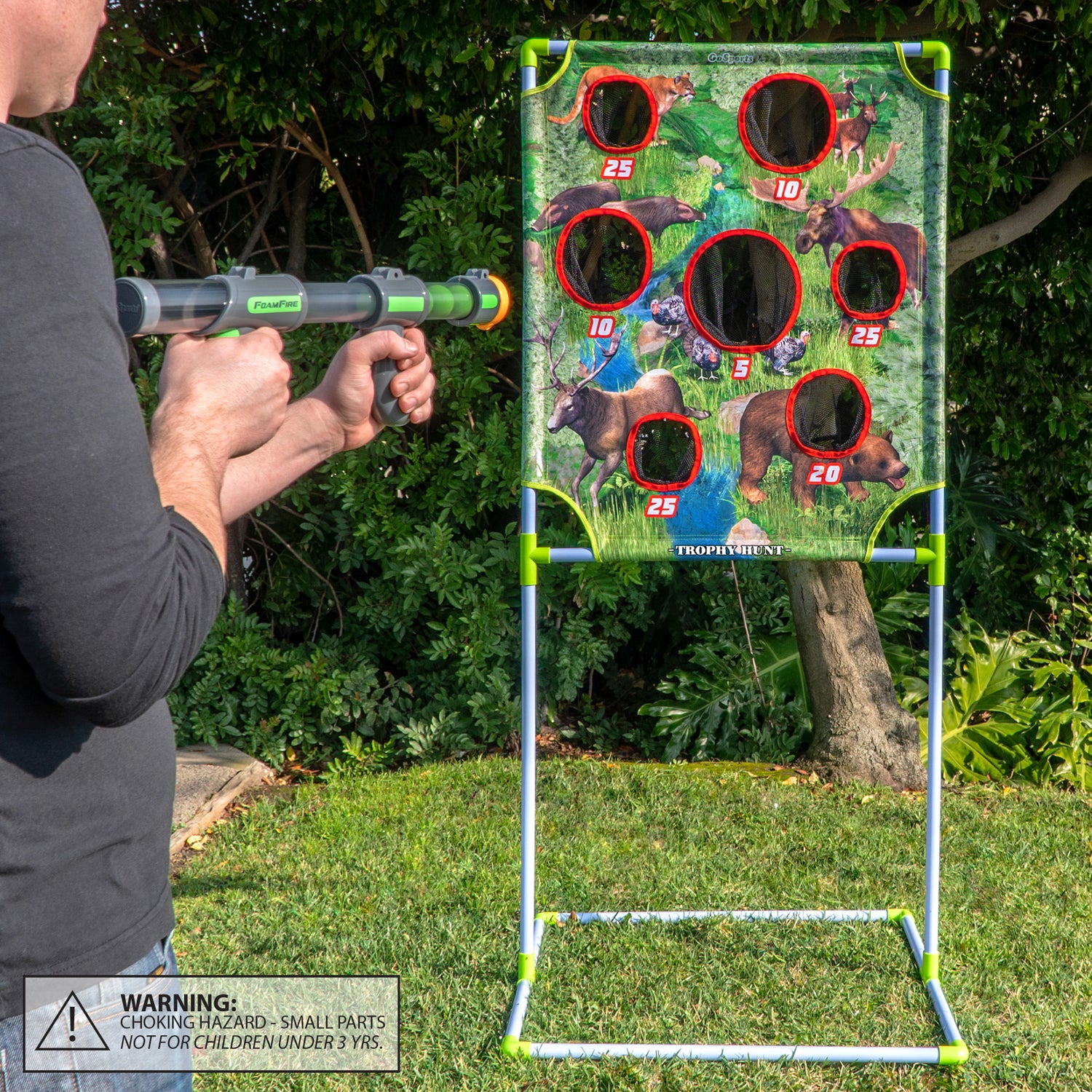 GoSports Foam Fire Hunt Game Set with Target, 2 Toy Blasters and Balls(Open Box)