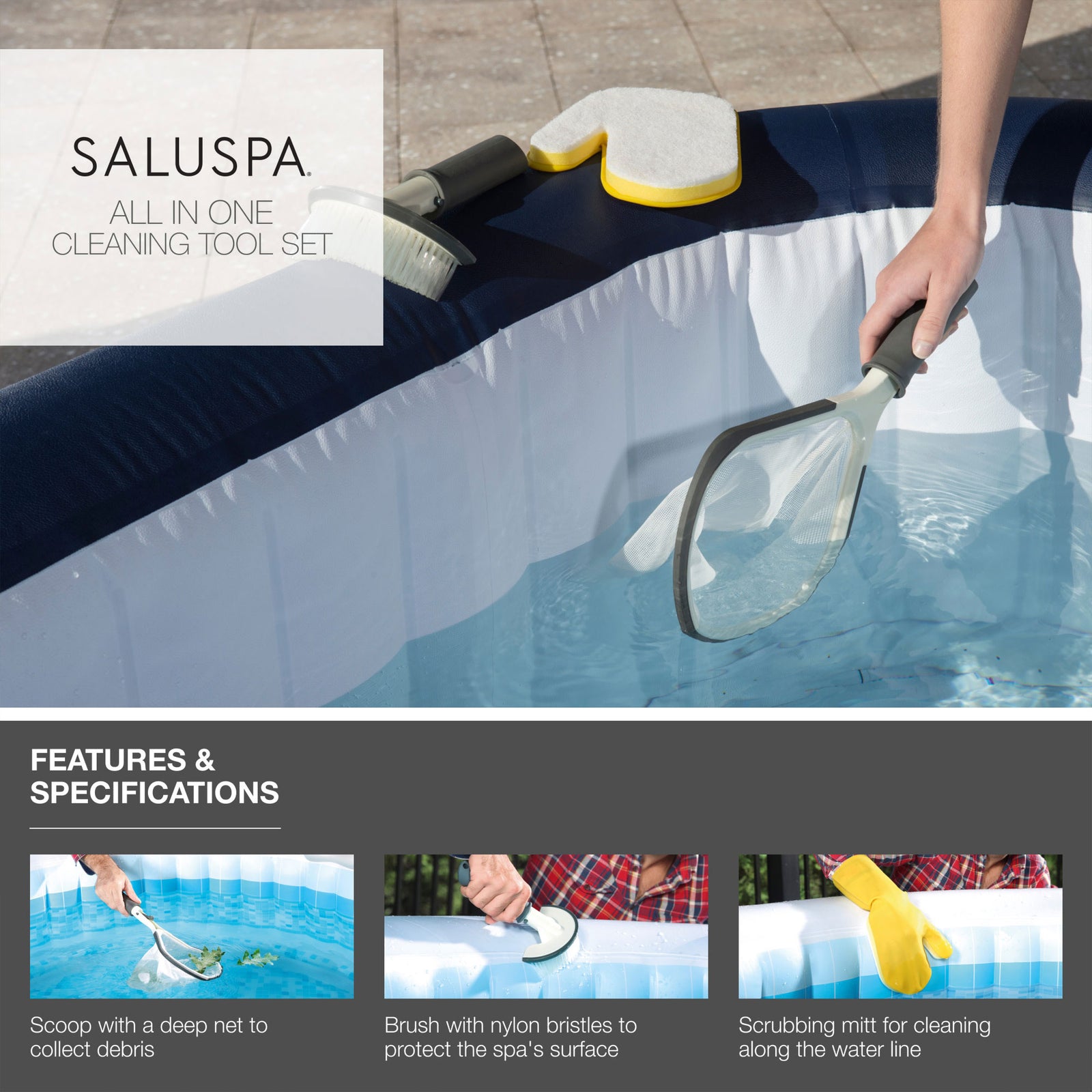 Bestway SaluSpa All In One 3 Piece Cleaning Tool Accessory Set for Hot Tub Spa - VMInnovations