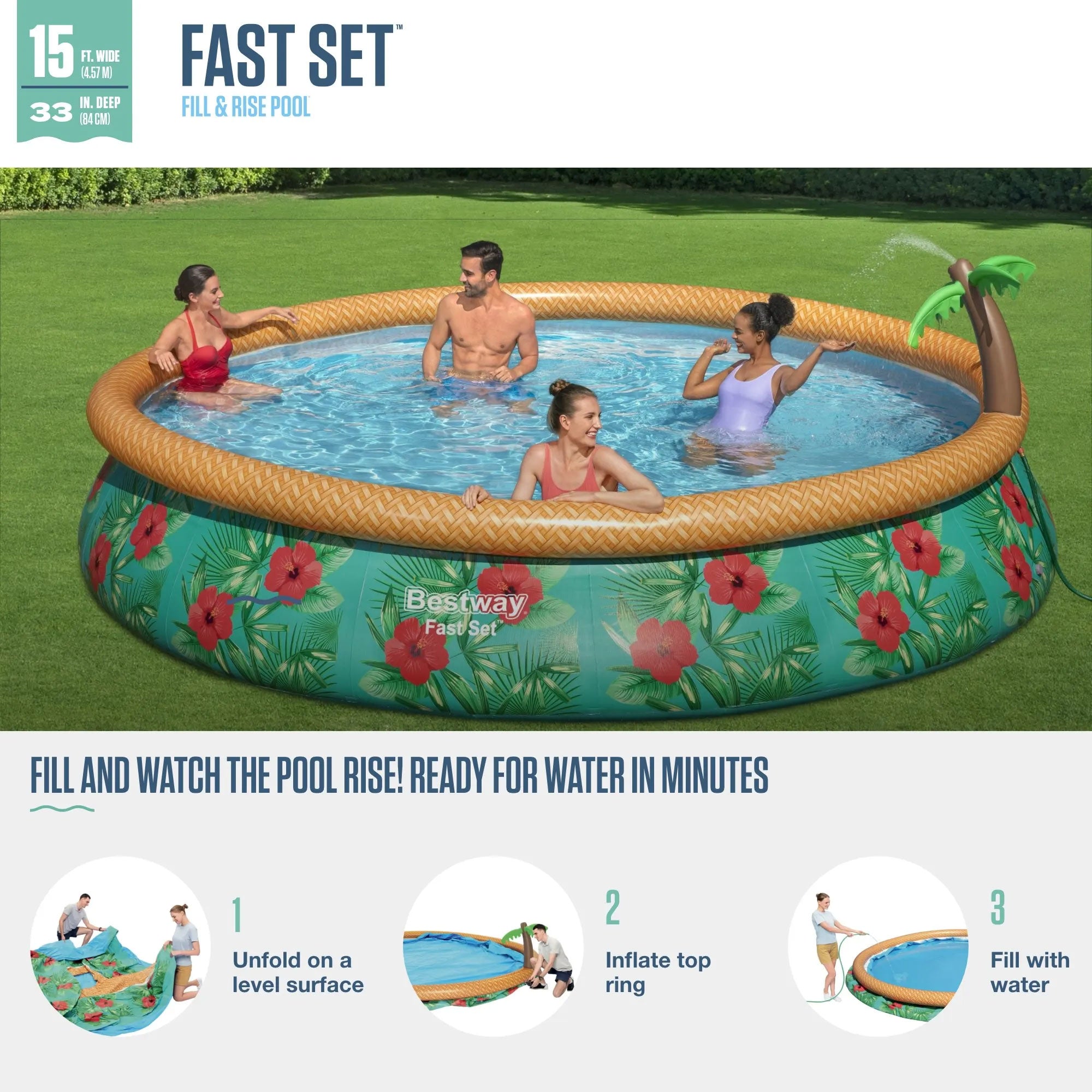 Bestway 57415E 15Ft x 33In Fast Set Paradise Palms Inflatable Pool Set (Used) - VMInnovations
