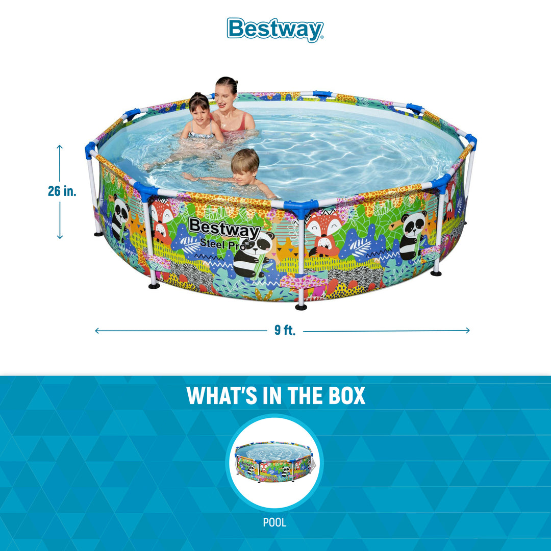 Bestway Steel Pro 9' x 26" Above Ground Round Outdoor Swimming Pool, Panda Print