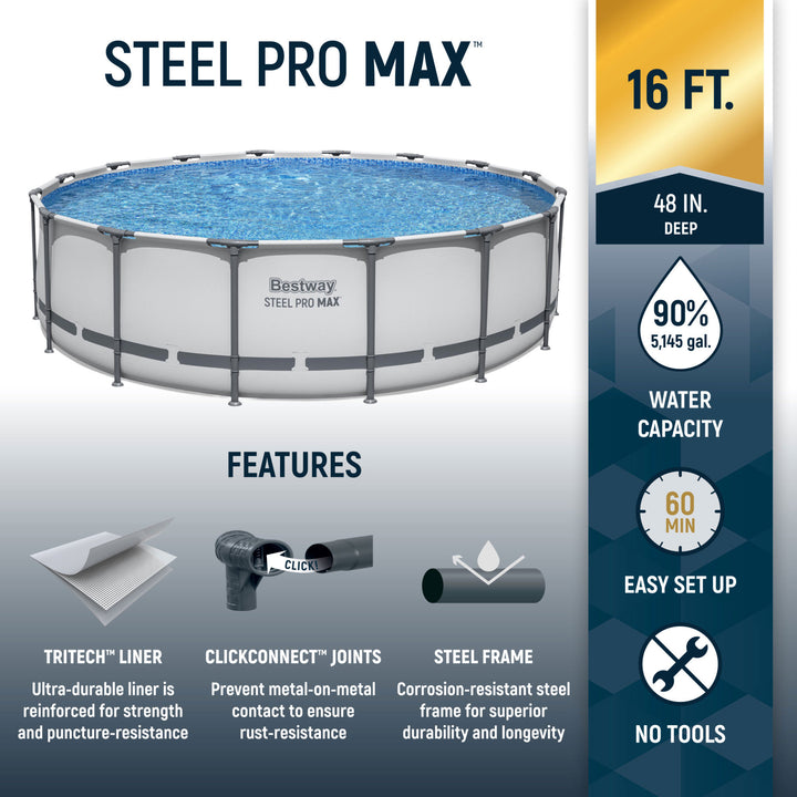 Bestway Steel Pro MAX 16x4 Foot Above Ground Round Pool Set w/Accessories(Used) - VMInnovations