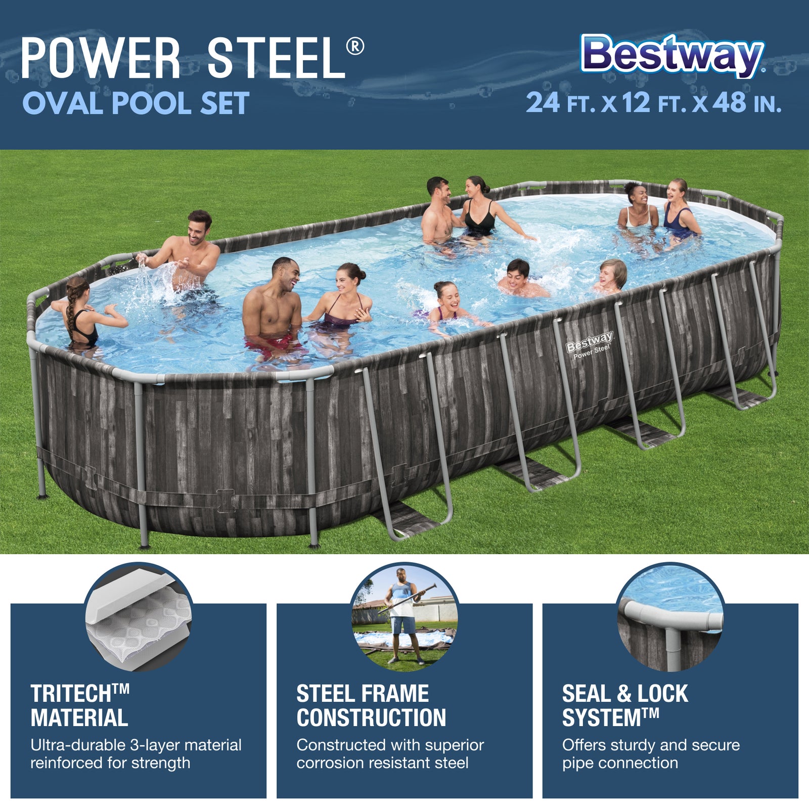 Bestway Power Steel 24' x 12' x 48" Rectangular Above Ground Swimming Pool Set - VMInnovations