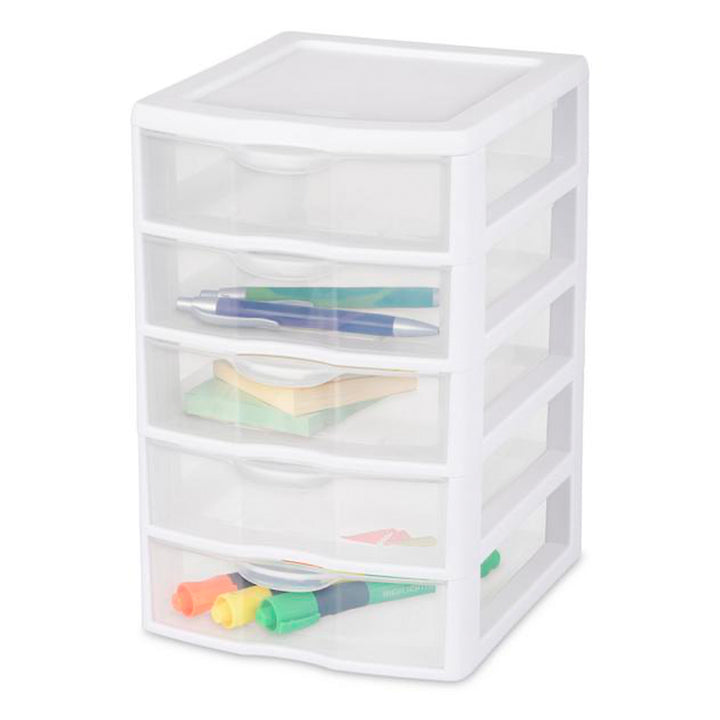 Sterilite Clearview Small Plastic 5 Drawer Desktop Storage System, 4 Pack, White