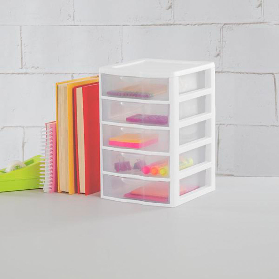 Sterilite Clearview Small Plastic 5 Drawer Desktop Storage System, 4 Pack, White