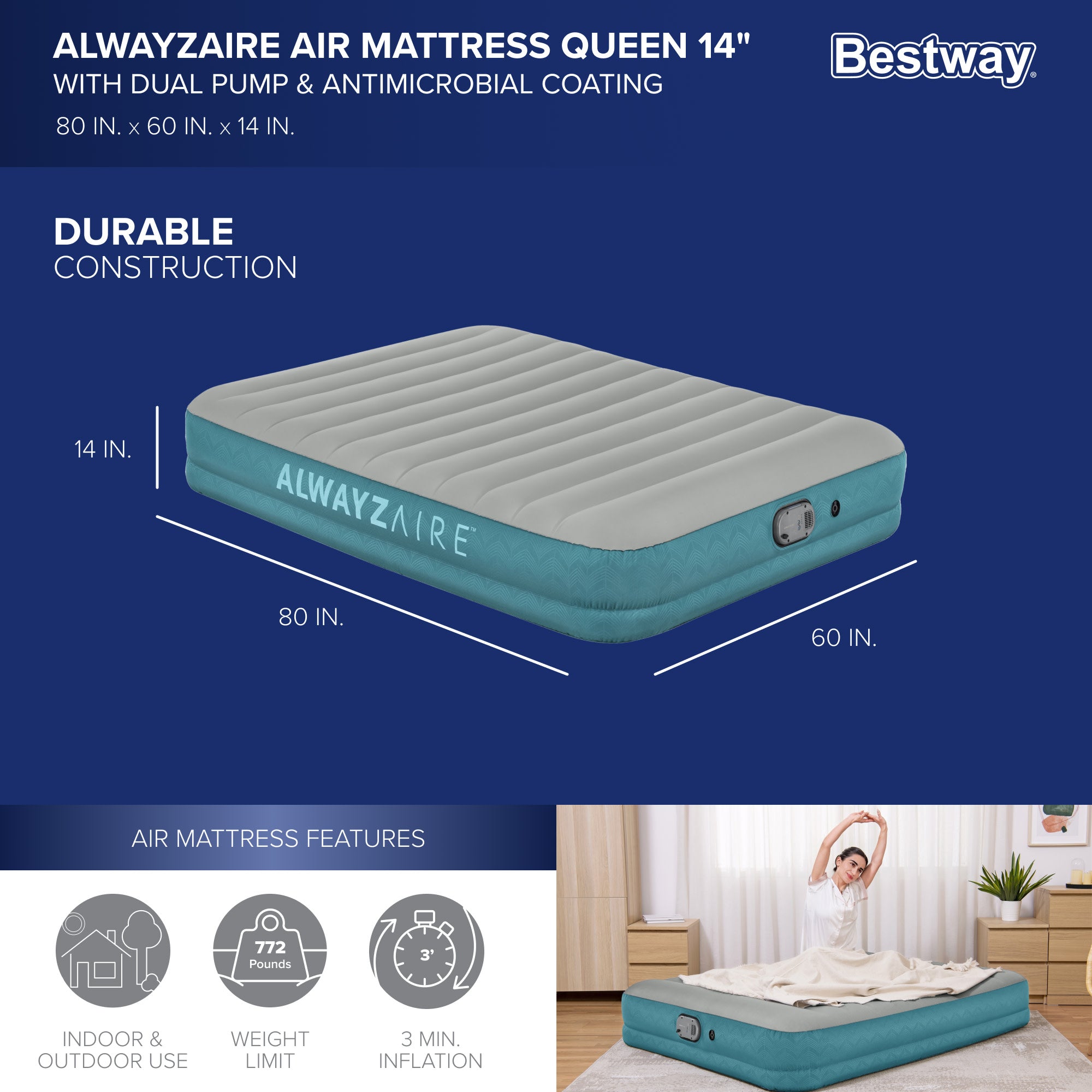 Bestway AlwayzAire Gray 14" Air Mattress Bed w/ Rechargeable Pump, Queen (Used) - VMInnovations
