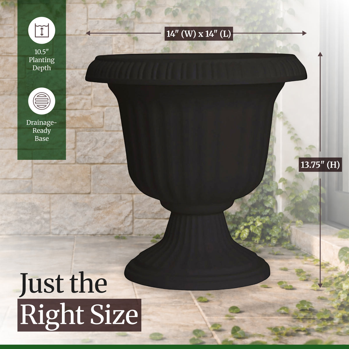Southern Patio 14 Inch Lightweight Outdoor Utopian Urn Planter, Black (2 Pack)
