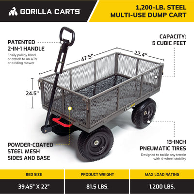 Gorilla Cart 5 Cubic Feet Heavy Duty Steel Quick Dump Wagon Cart, Gray(Open Box) - VMInnovations