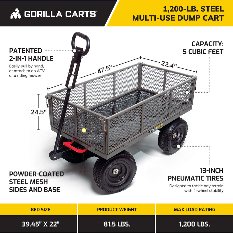 Gorilla Carts Steel Dump Cart Garden Beach Wagon, 1,200 Pound Capacity, Gray