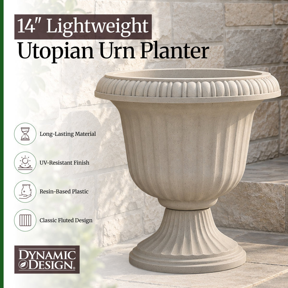 Southern Patio (2 Pack) 14" Outdoor Lightweight Resin Utopian Urn Planter, Stone