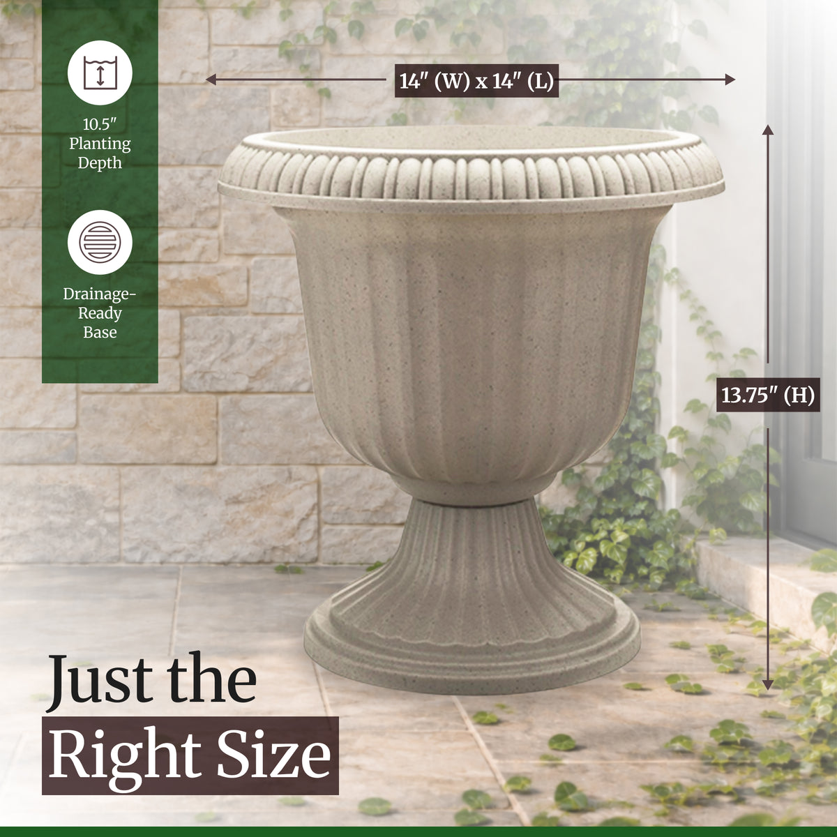 Southern Patio (2 Pack) 14" Outdoor Lightweight Resin Utopian Urn Planter, Stone