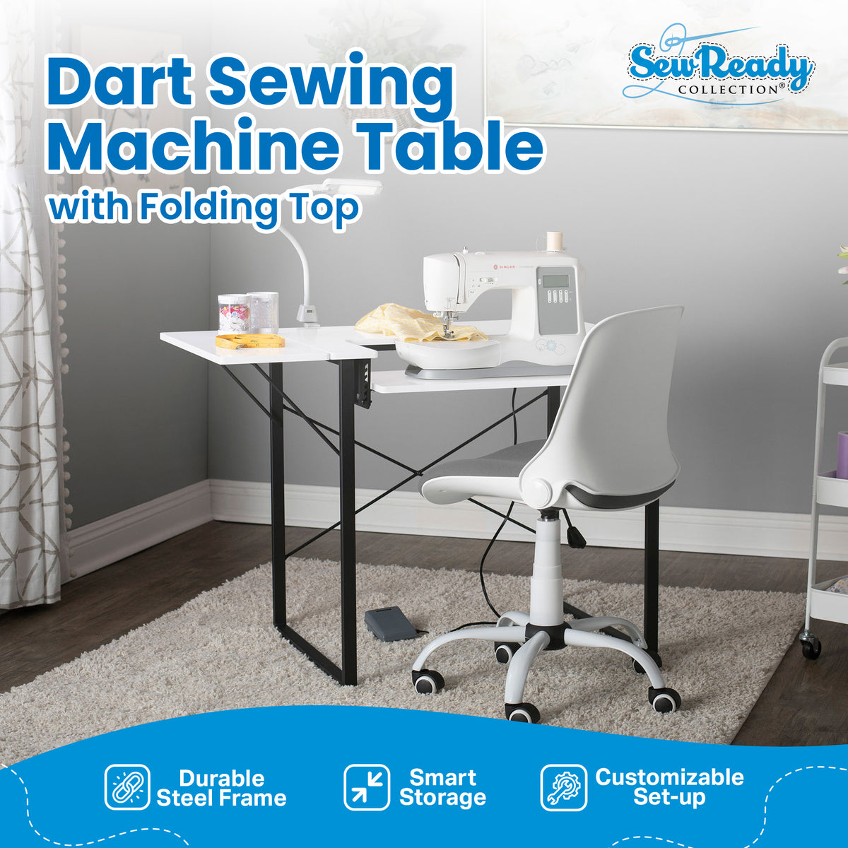 Sew Ready Dart Multipurpose Sewing Table Workstation w/ Folding Top, Black/White
