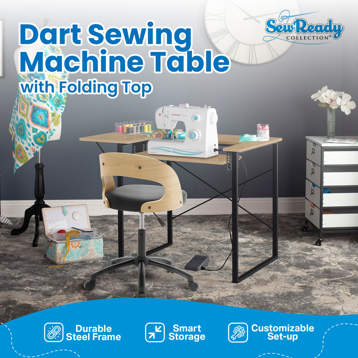 Sew Ready Dart Multipurpose Sewing Table Workstation w/ Folding Top, Black/Brown - VMInnovations