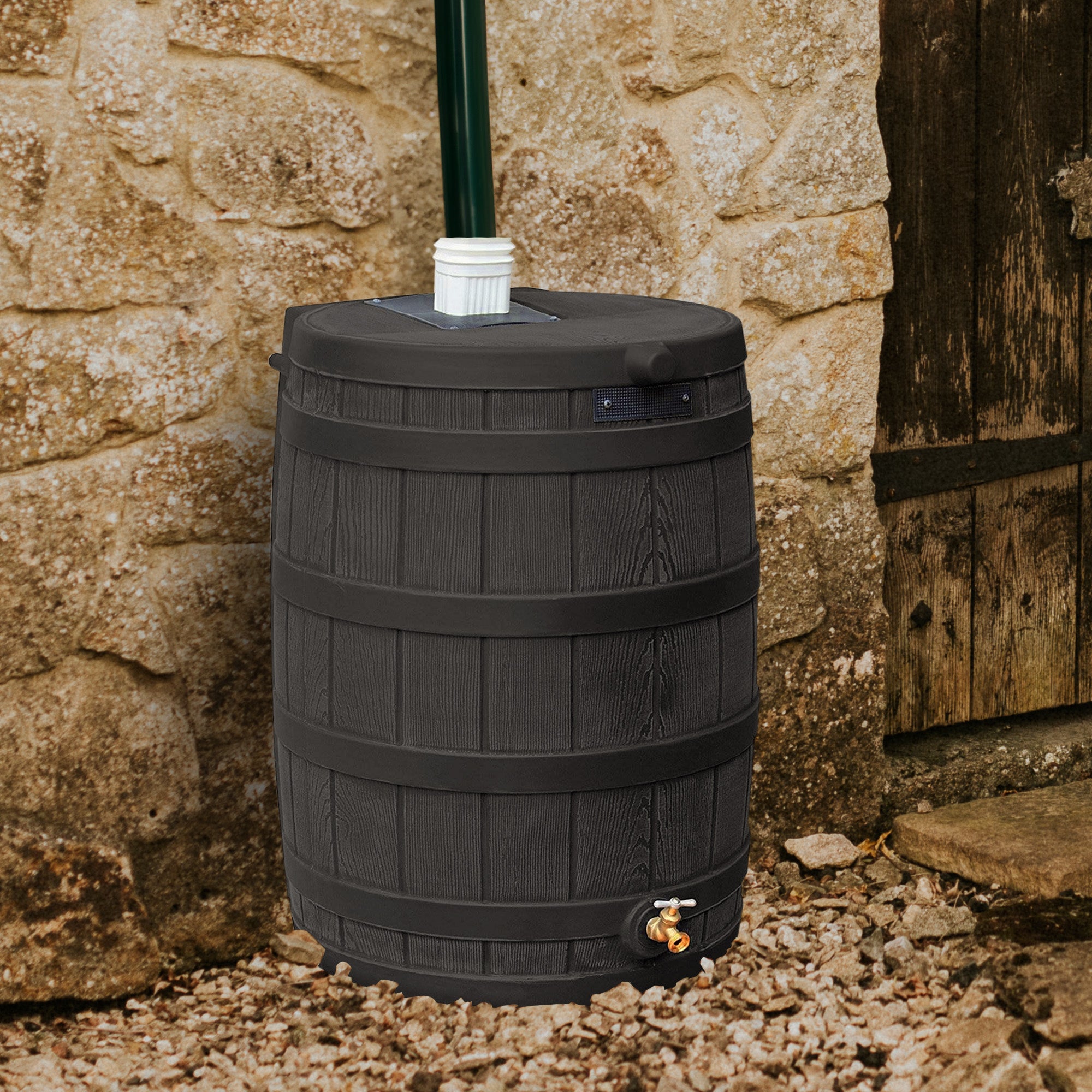 Good Ideas Rain Wizard 50 Gal Plastic Rain Barrel with Brass Spigot Black (Used)