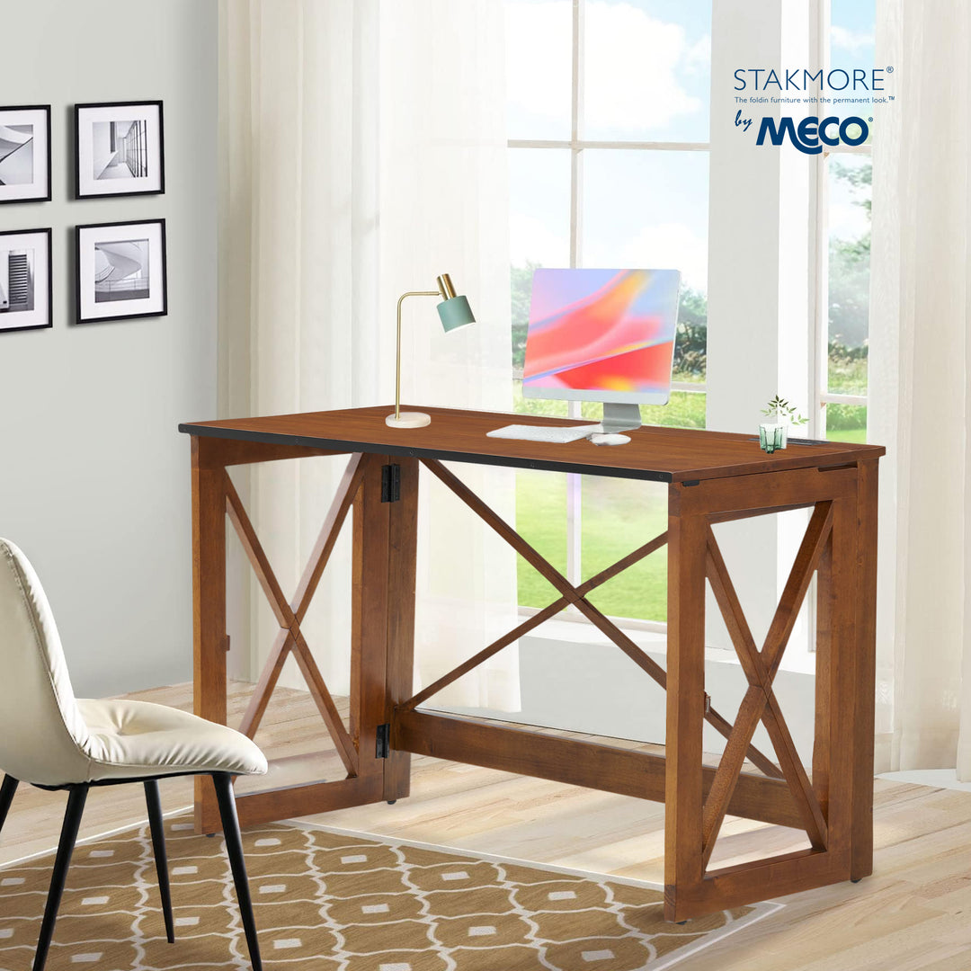 MECO Stakmore Stylish Versatile Folding Desk with Built In Outlets, Fruitwood - VMInnovations