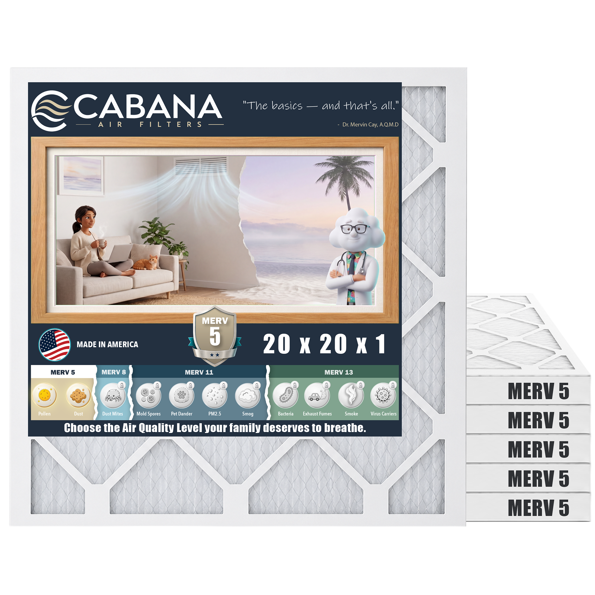 Cabana Air Filters 6 Pk HVAC Furnace Air Filters, MERV 5, 20 x 20 x 1 (Open Box)
