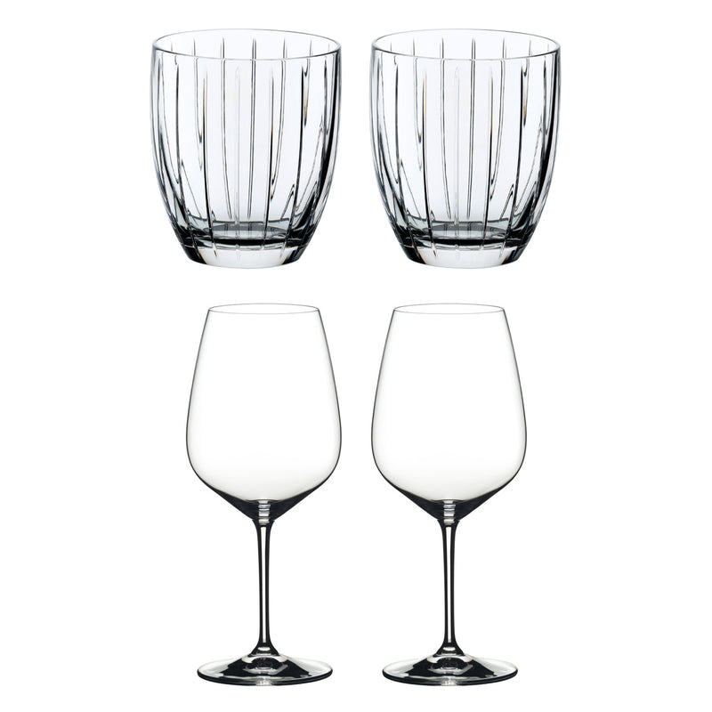 Riedel Crystal Whiskey Tumbler Glass and Cabernet Red Wine Glass Set (4 Pack)