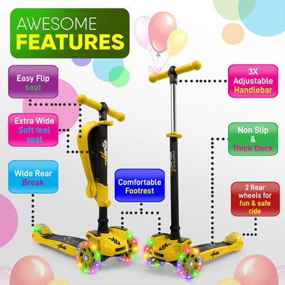 Hurtle ScootKid 3 Wheel Child Ride On Toy Scooter w/LED Wheels,Yellow(Open Box) - VMInnovations