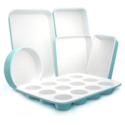 NutriChef 6 Piece Non Stick Oven Stackable Ceramic Baking Pan Set, Green (Used)