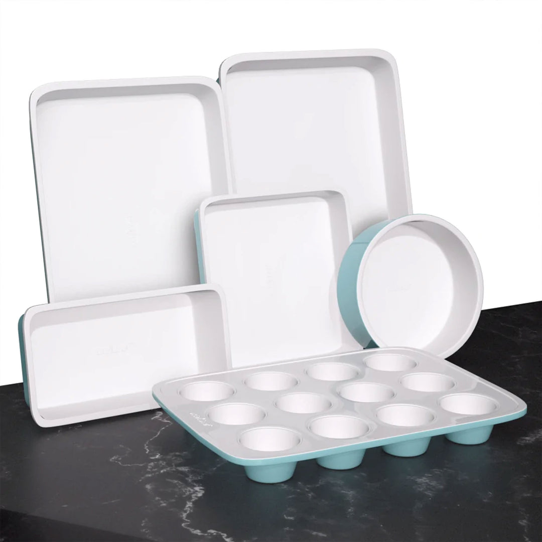 NutriChef 6 Piece Non Stick Oven Stackable Ceramic Baking Pan Set, Green (Used)