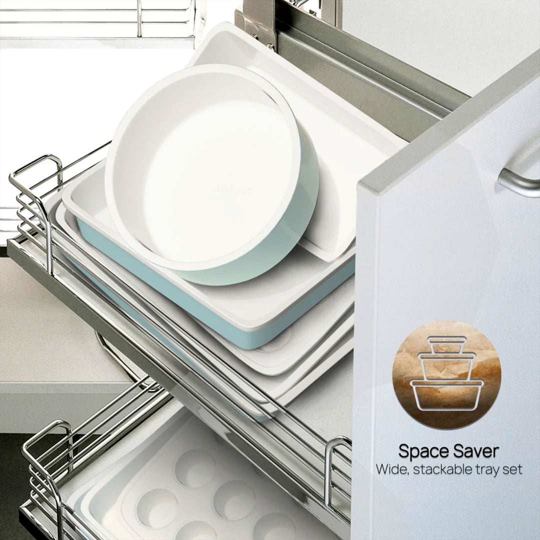 NutriChef 6 Piece Non Stick Oven Stackable Ceramic Baking Pan Set, Green (Used)