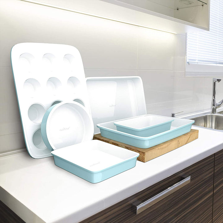 NutriChef 6 Piece Non Stick Kitchen Oven Ceramic Baking Pan Set, Green(Open Box) - VMInnovations